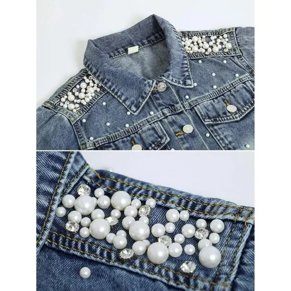 Women's Cotton Blend Cropped Denim Jacket Rhinestones Pearls 3/4 Sleeve
